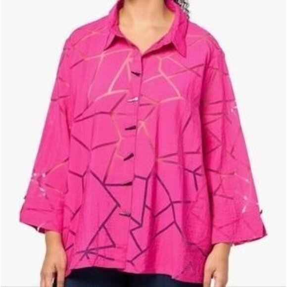 Ali Miles Pink Geometric Button Up Top Shacket 2X Artsy Lagenlook Pockets - Picture 1 of 11